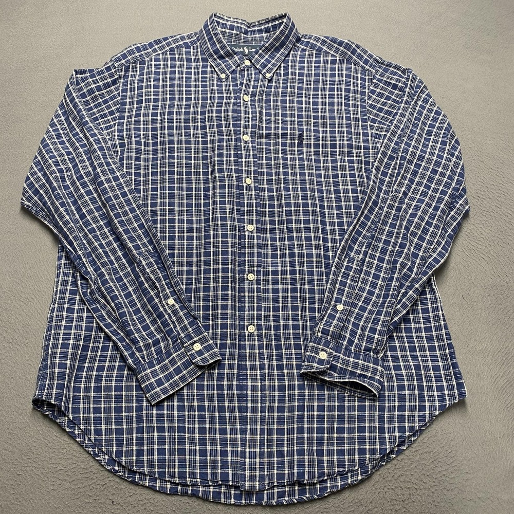 Ralph Lauren Shirt Mens XL Blue White Plaid Classic Fit Linen Cotton Button Down